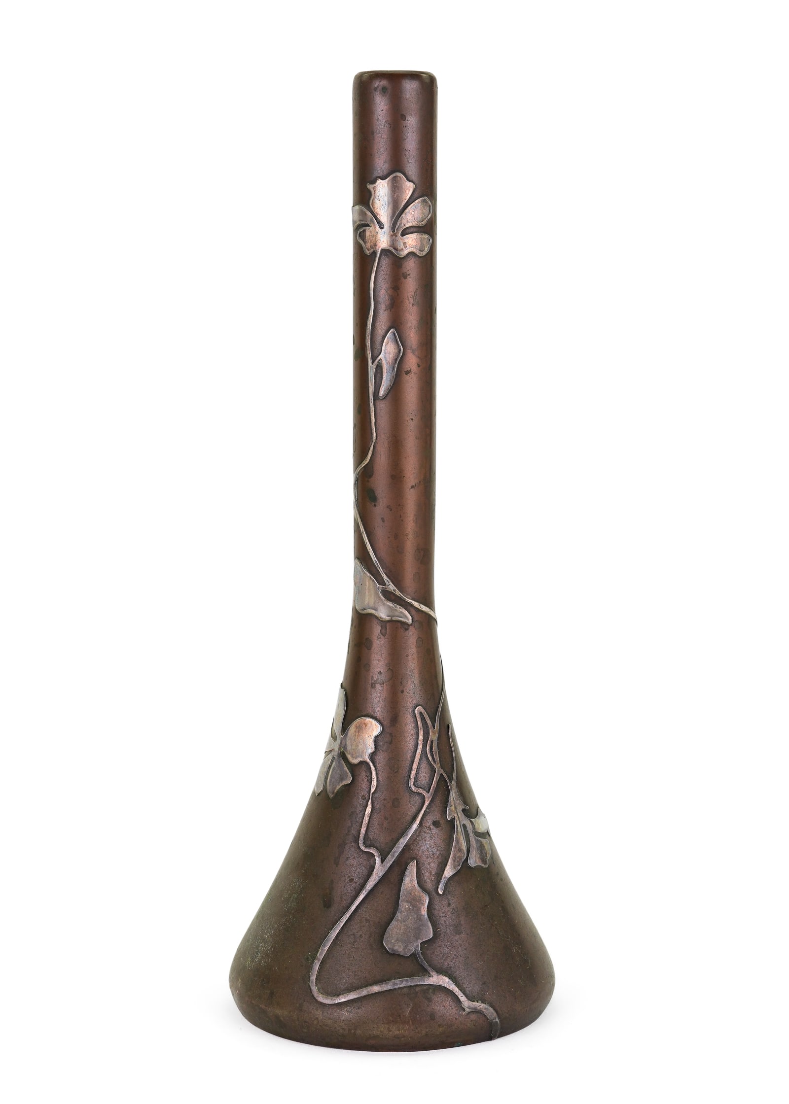 Heintz Sterling and Bronze Bud Vase: Heintz Art Metal Co. Arts and Crafts era bronze bud vase with applied sterling silver floral decoration. 3.25" x 10" Overall good condition