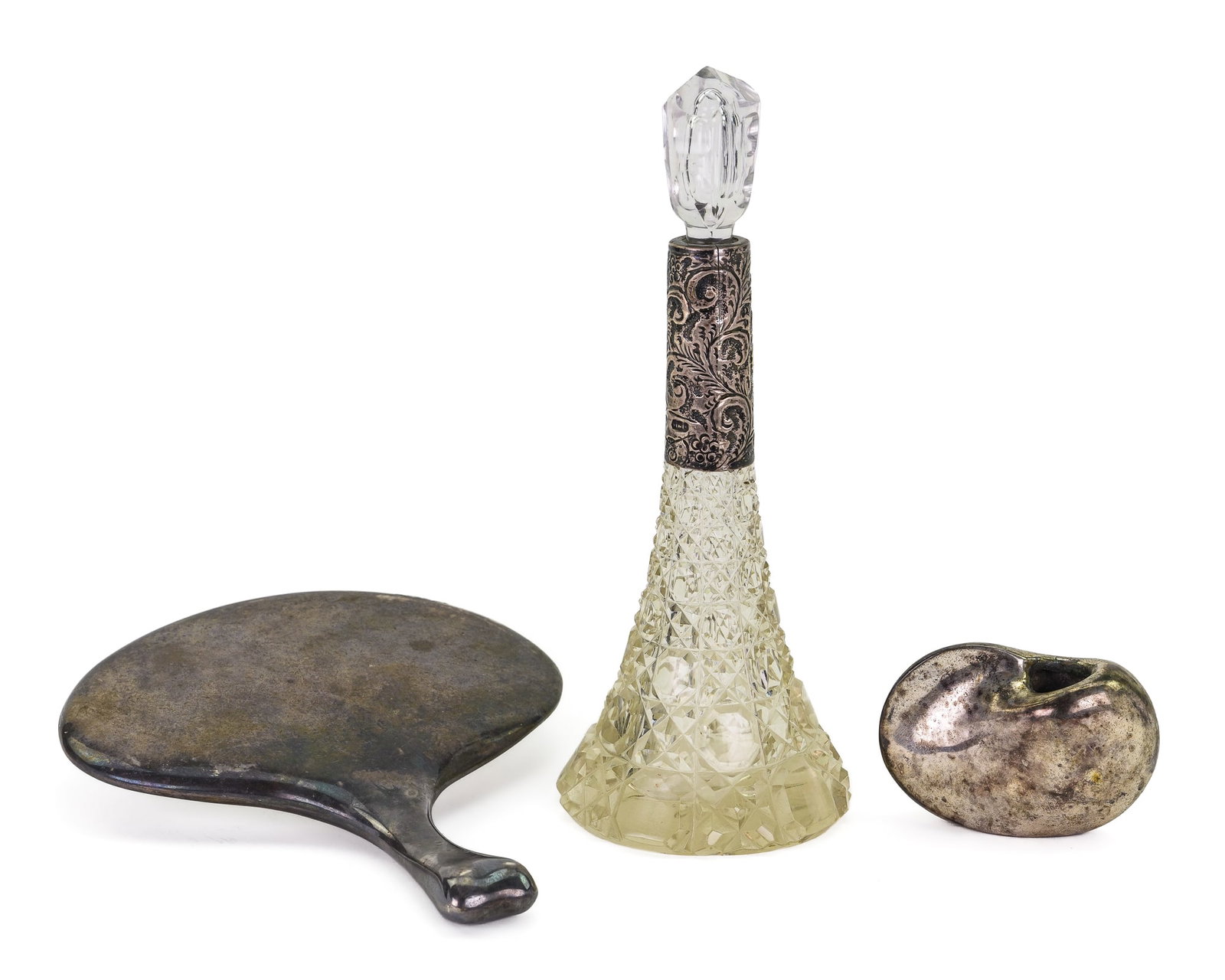 Tiffany Hand Mirror and Other Sterling Items: Tiffany and Co. sterling silver modernist hand mirror, accompanied by a .925 sterling modernist bud vase, and a London repousse sterling cuffed "Harvard" chair cane pattern brilliant cut glass