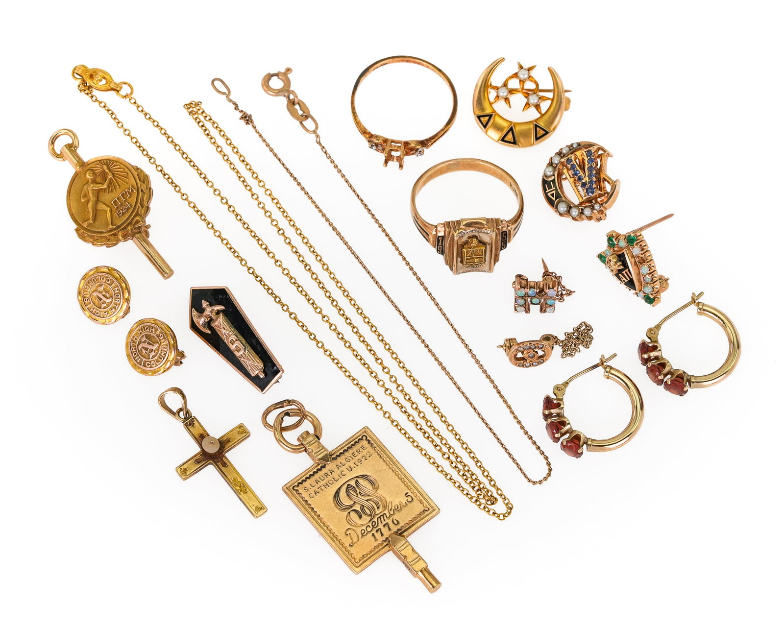 10k Yellow Gold Jewelry: A group of 10k yellow gold jewelry including class ring, sorority keys, cross & chain, pins, garnet earrings. 31.2 grams t.w.