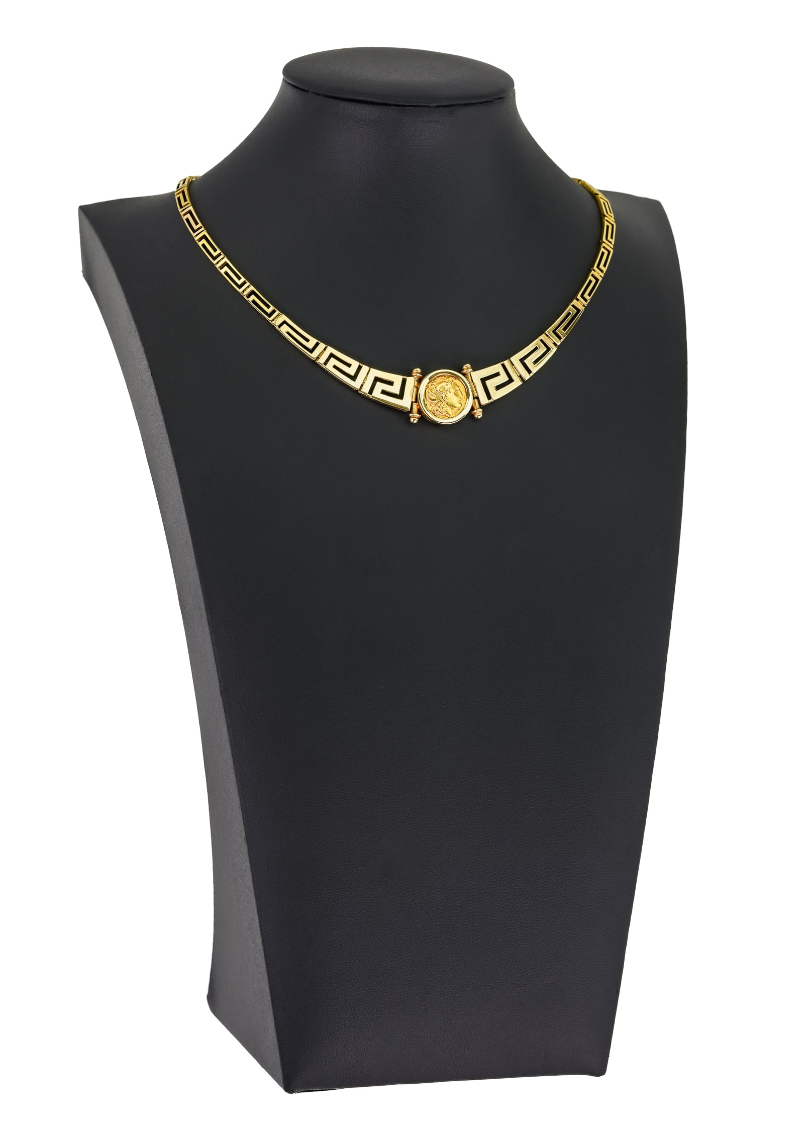 14k Ancient Coin Style Necklace: 14k yellow gold necklace with Greek Key type design and center round ancient style coin. 16" long. 16 mm wide at coin. 22 grams t.w.