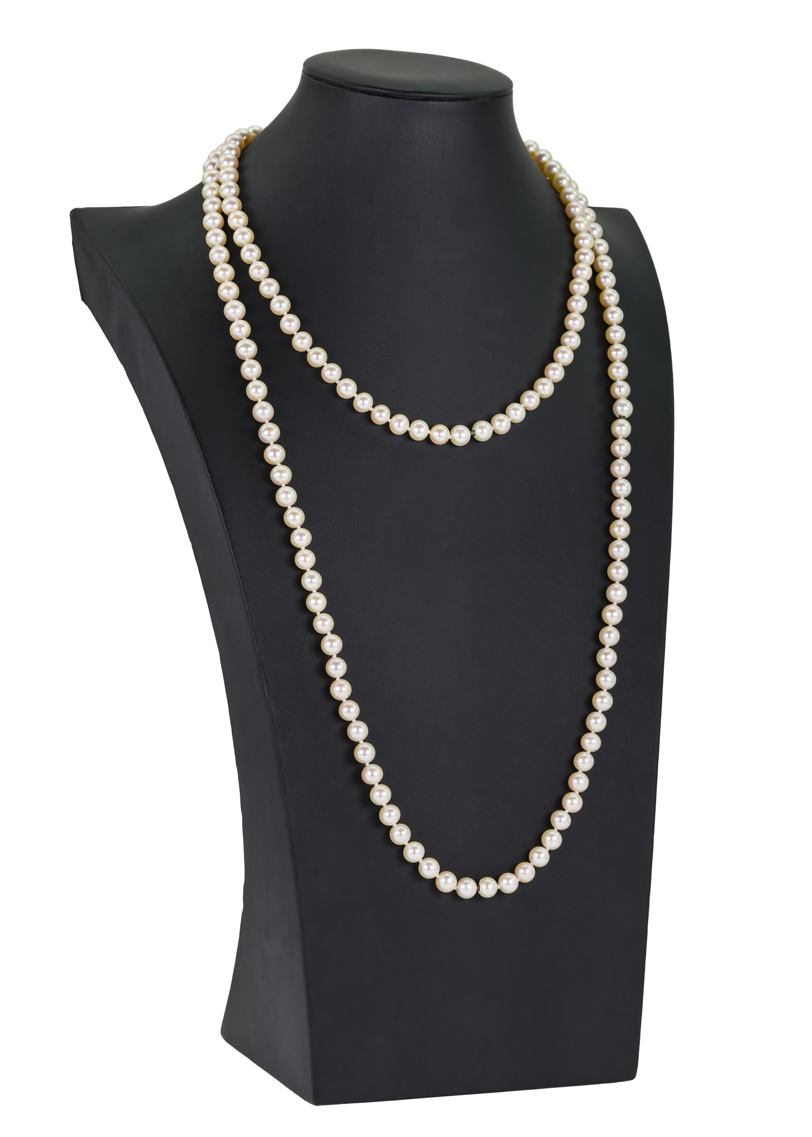 50" Pearl Necklace: 50" long luster pearl necklace, 7.5 mm diameter. Art Deco style.
