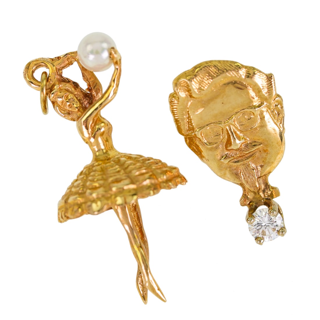 14k Charm & Tie Pin: 14k yellow gold charm of a ballerina dancer with a pearl. 14k yellow gold tie pin of Col. Sanders -Kentucky Fried Chicken with a .2 ct brilliant round cut diamond. 4.5 grams t.w. (not including tie