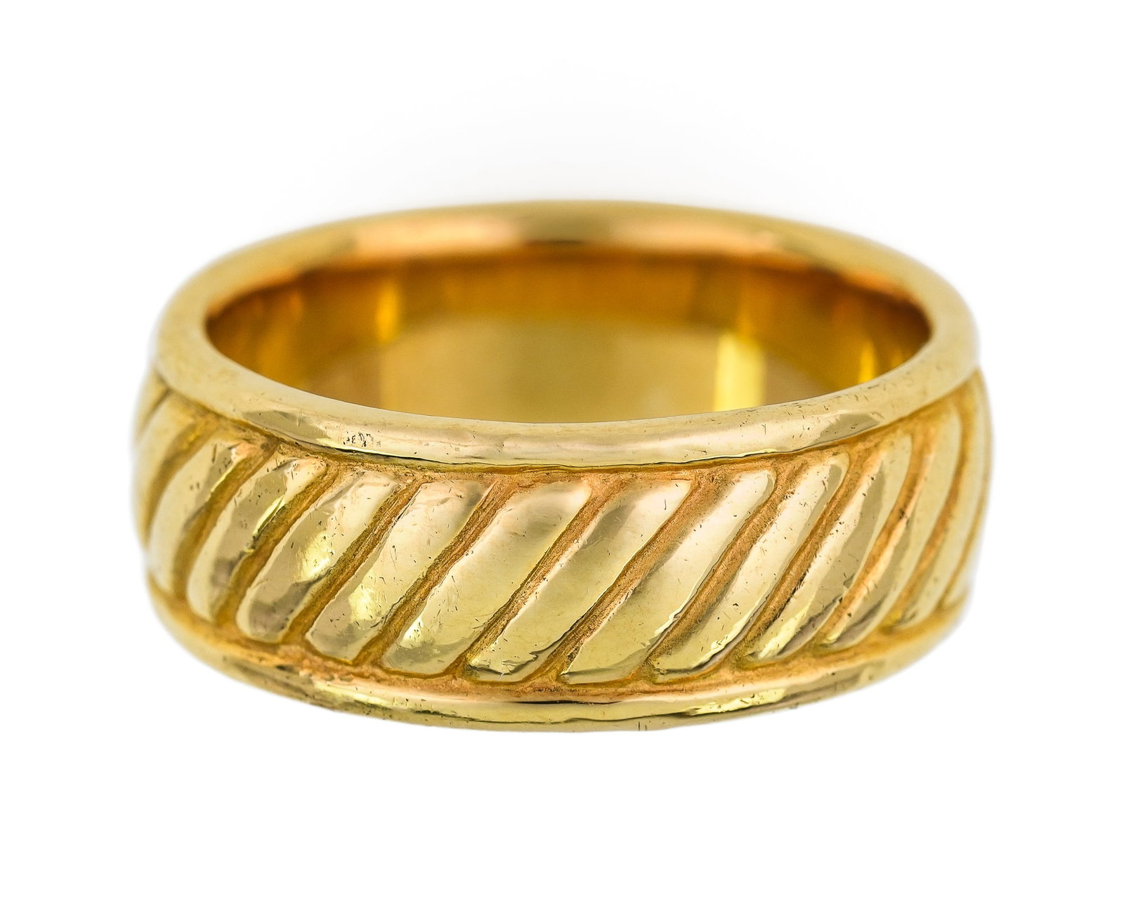 14k Rope Band Ring: 14k yellow gold band ring 8 mm wide, rope design. Ring size 8. 10.7 grams t.w.