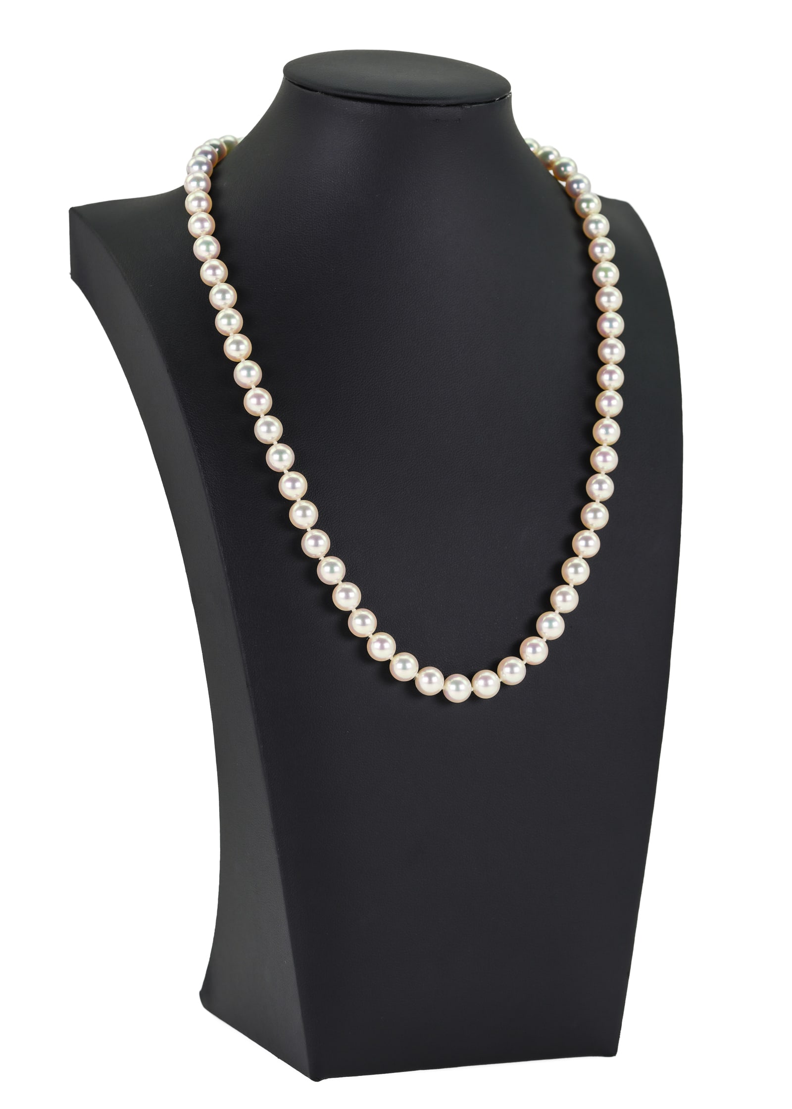 Fine Pearl Necklace: Fine luster pearl necklace with 8 mm pearls, 14k clasp, 19" long.