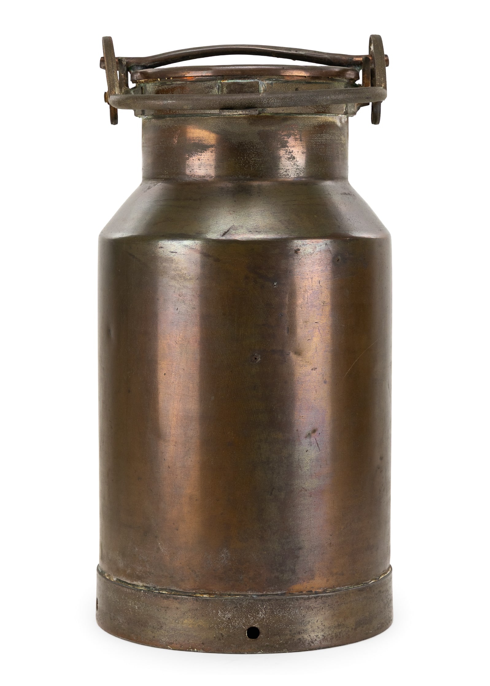 19th c French Milk Can with Locking Lid: 19th c French steel milk can with locking lid, copper creamery inventory number 705, ht 21", diameter 11"