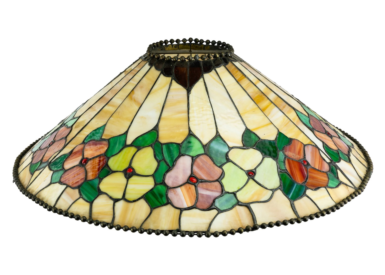 Leaded Glass Dome Hanging Light: Early- Mid 20th c leaded glass hanging dome, diameter 27 1/2", some beading loose around top rim