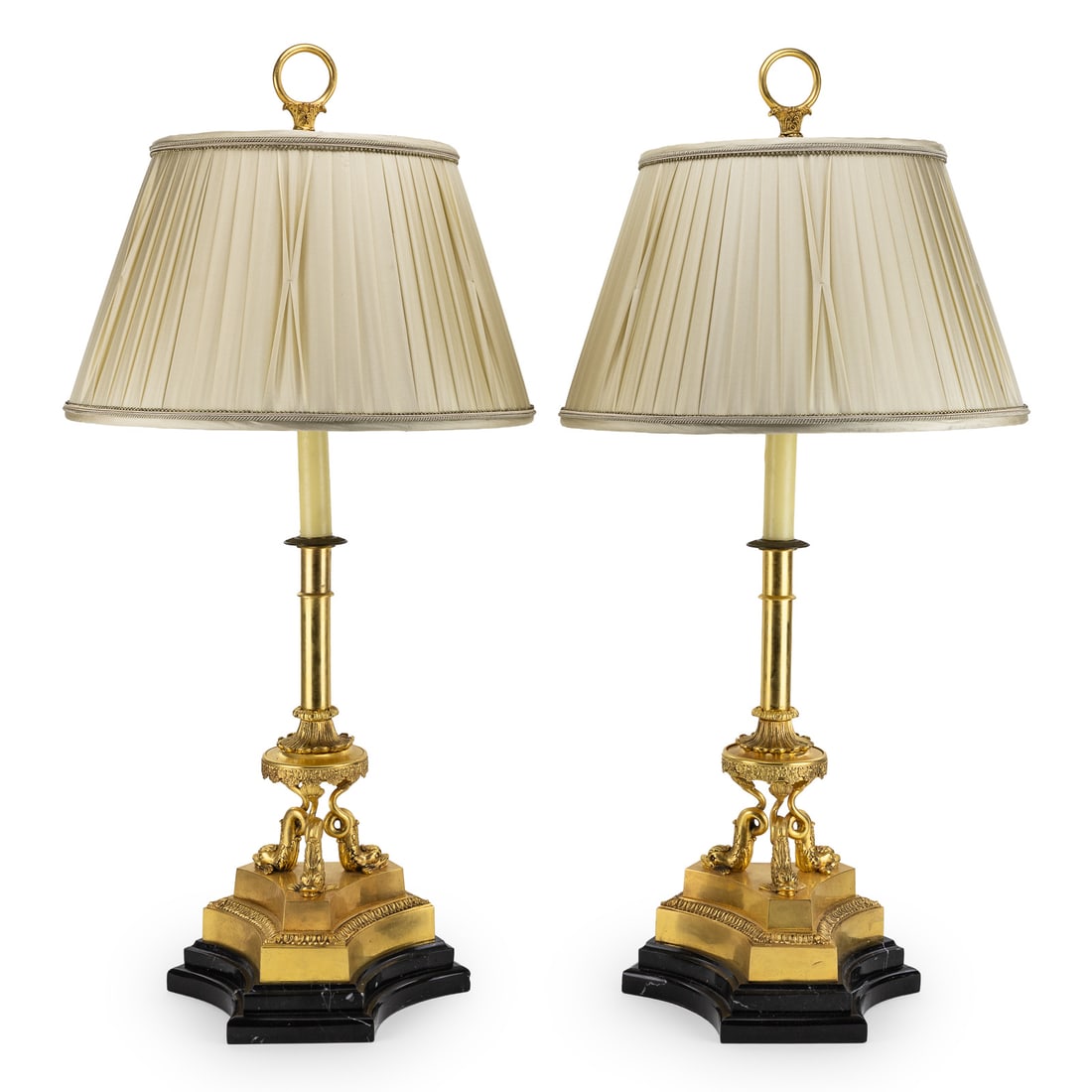 French Gilt Brass Table Lamps: Pair of earlier 20th c gilt brass French Empire style table lamps, chased and gilded brass, good quality and in excellent condition, overall ht 30", silk cords, silk shades