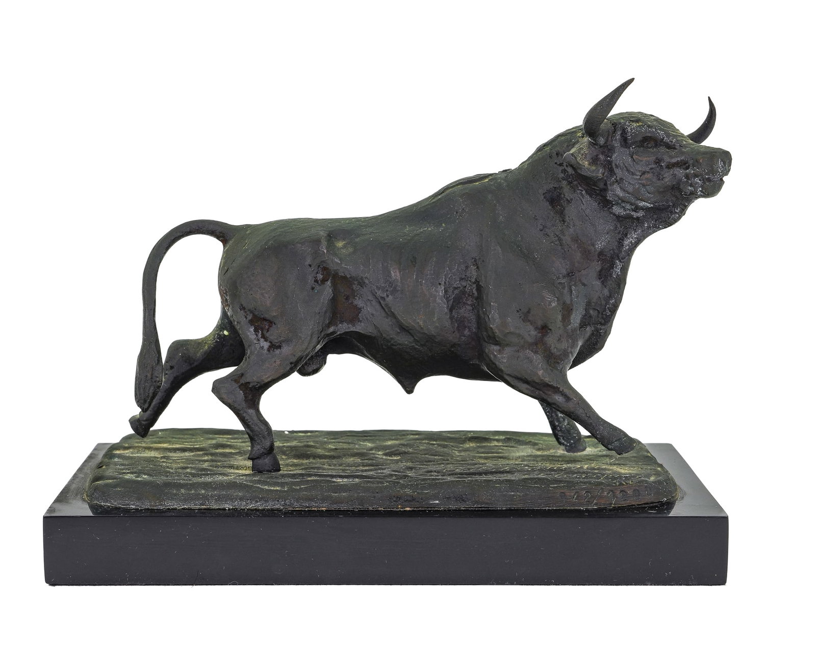 Carlos Velazquez Bronze Bull: Carlos Velazquez bronze bull "Salidas a la Arena' (Exit to the Arena) #42/1200 signed and dated 1963, dark patina, length 7 1/4", base 8" x 4", ht 6"