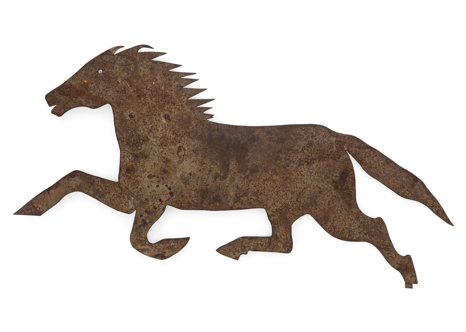 Sheet Iron Running Horse Weathervane: Sheet iron running horse weathervane/ weathervane pattern with old note- found at the site of an abandoned blacksmith shop, Rupert, VT