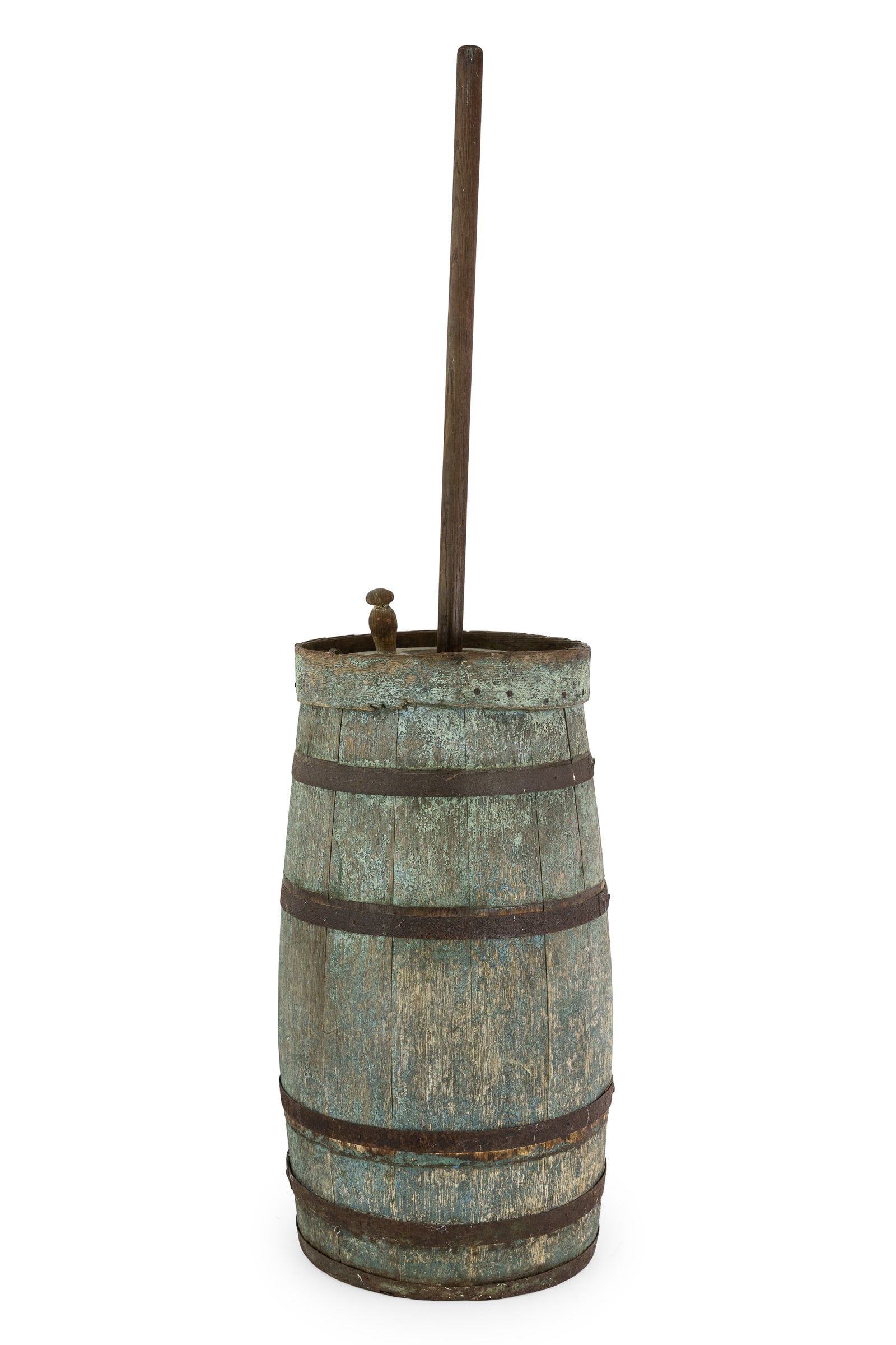 Large Barrel Butter Churn in Blue Paint: Large barrel dasher butter churn in blue paint, ht 25 1/2", dasher length 48"