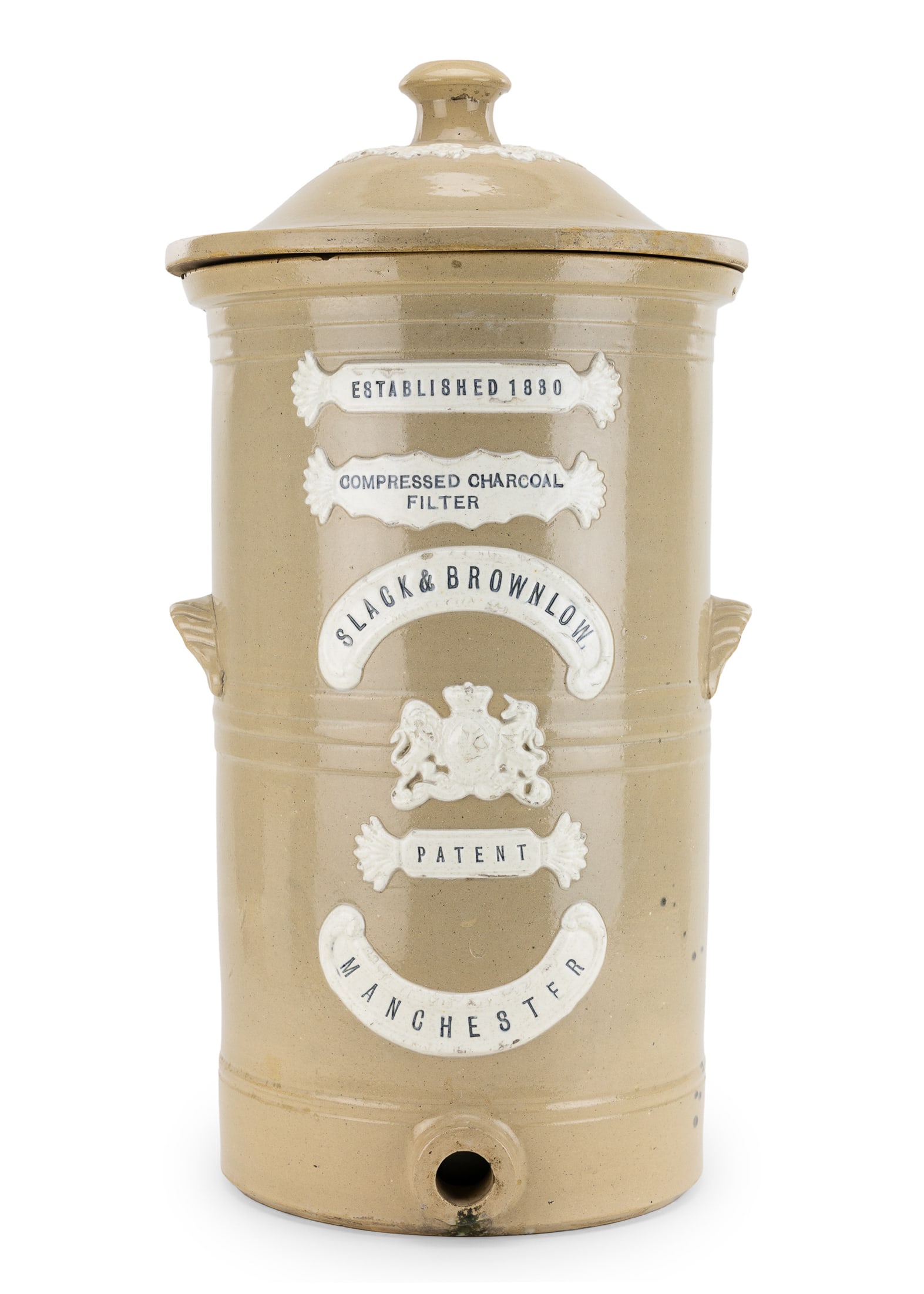 Slack & Brownlow Stoneware Water Filter: Ca 1900 Slack & Brownlow, Manchester stoneware water filter, chips, crack, overall ht with lid 25" (very heavy- local pick-up/ private carrier required), removable lamp base available to buyer