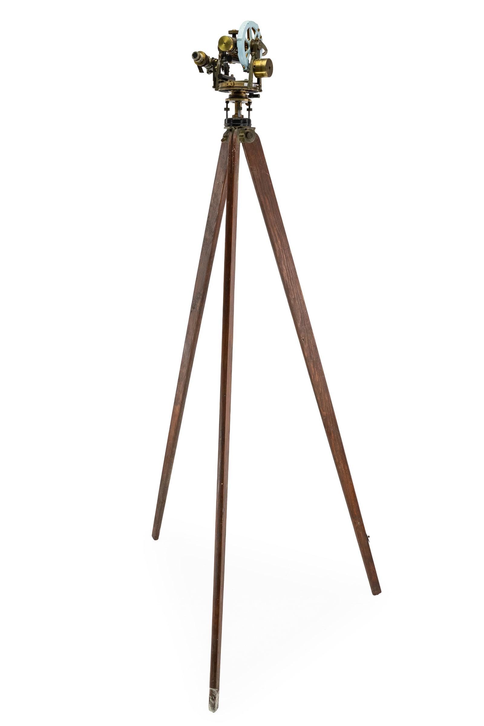 Brass & Steel Theodolite Transit: Brass & steel theodolite transit (unmarked), 9" x 6", with wooden tripod legs, ht 57"