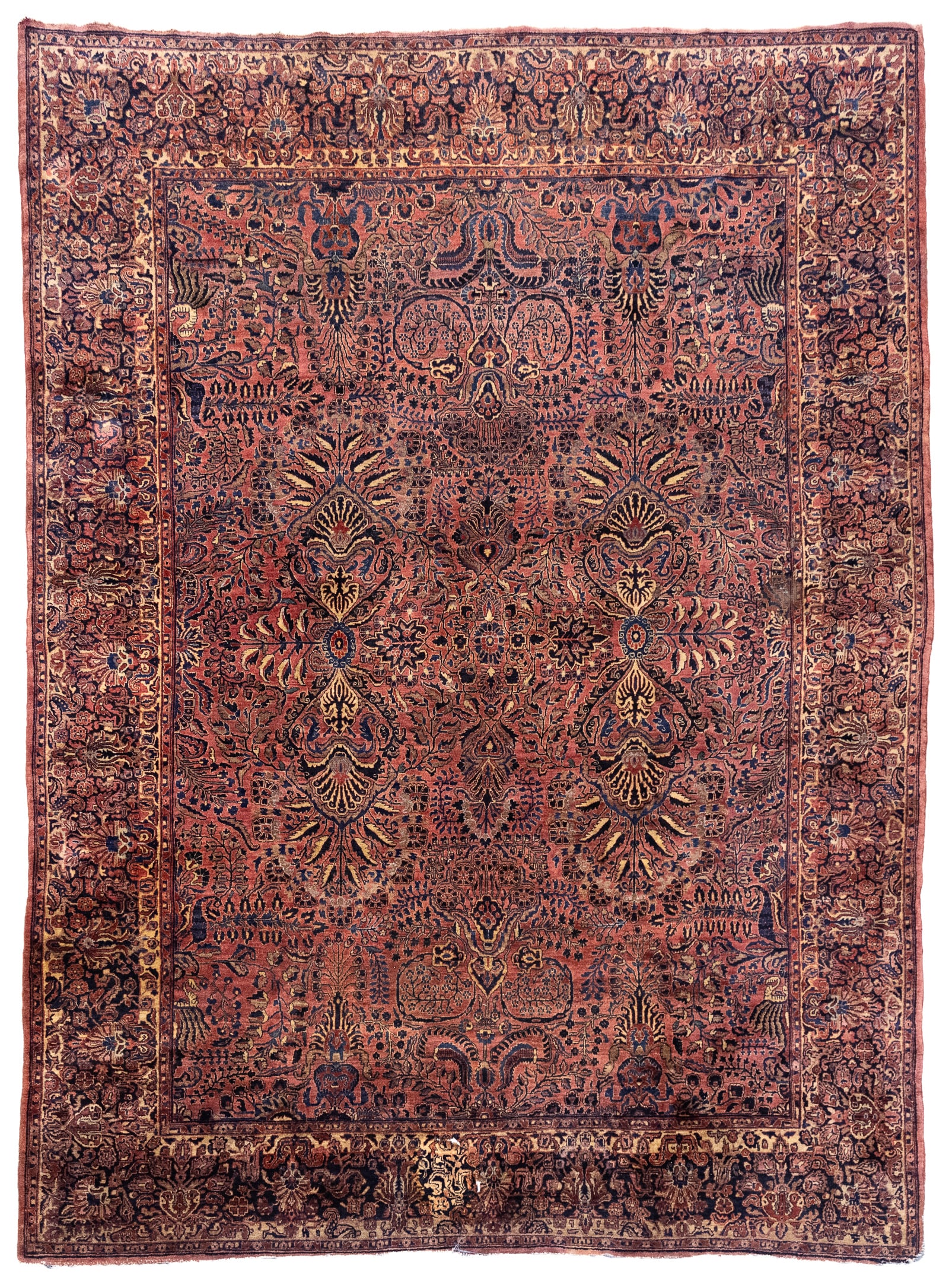 Persian Sarouk Palace Size Carpet: Mid 20th c Persian Sarouk palace size carpet, wool & cotton, medium pile, a few slight uneven wear spots, two areas of pile loss (4" x 8", 6" x 12"), area of separation (14") from potted plant on one