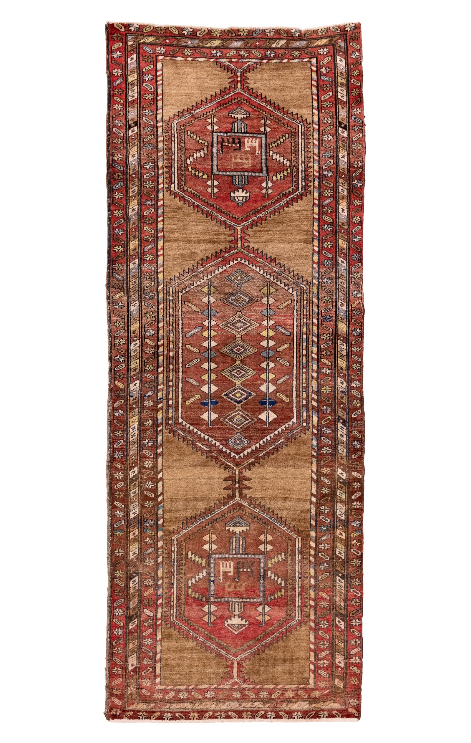 Persian Ardebil Runner: Mid 20th c Persian brown Ardebil runner, medallion design with quadrupeds, medium pile, wool & cotton, some sun fade on one end, otherwise overall very good condition, 3' 6" x 9' 11"
