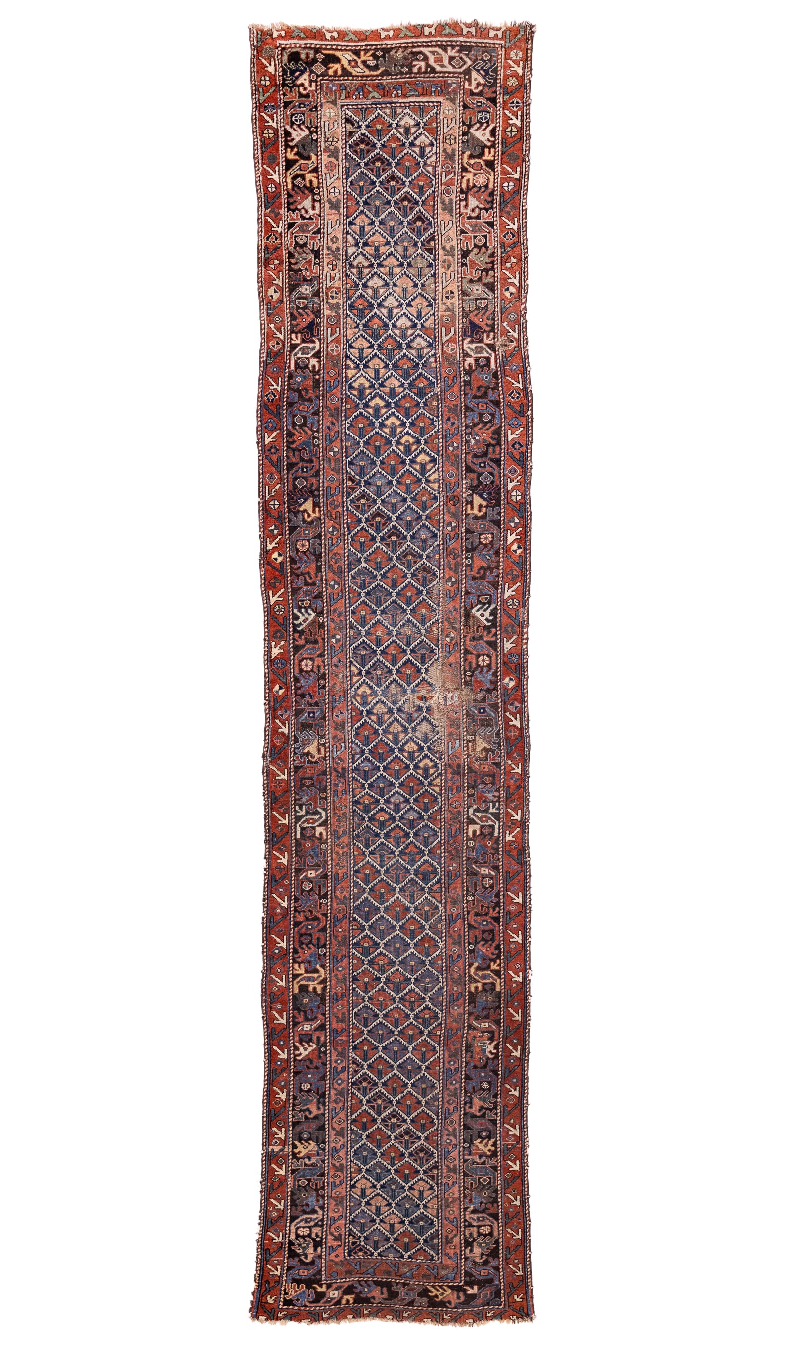 Caucasian Runner: Mid 20th c Caucasian runner, diamond motif, wool on wool, cotton binding lashed on, damaged central area, 2' 11" x 13' 10"