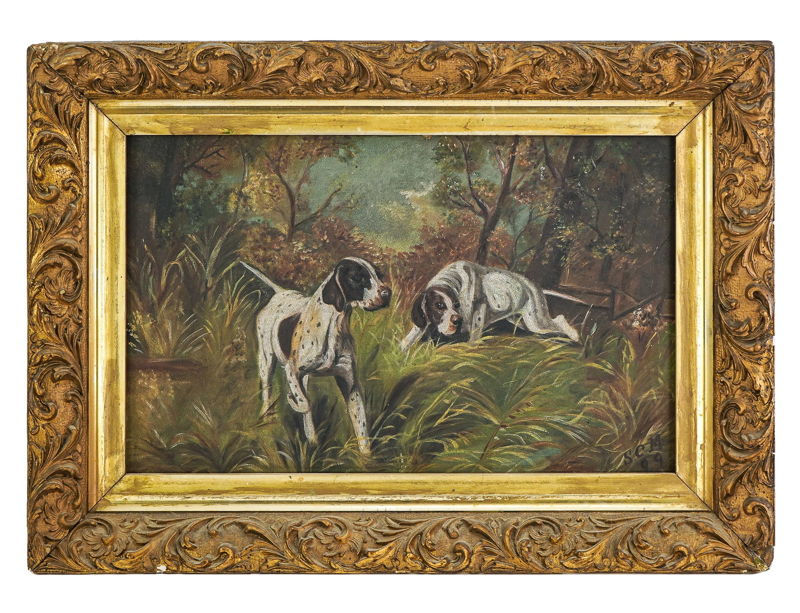 19th c Oil on board of Pointers: 19th c Oil on board of Pointers on the Hunt monogrammed SCM Dated 99' 12 x 18" 17 x 24" as framed.