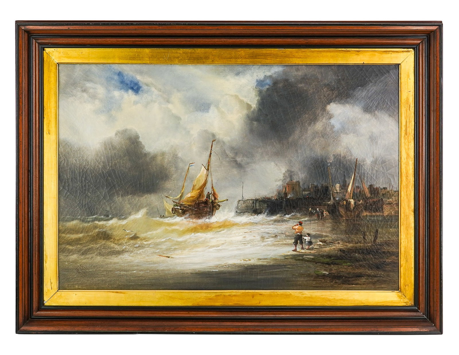 19th C Dutch School Seascape: 19th c Dutch Seascape with gathering storm monogrammed W. S/J. K 1870