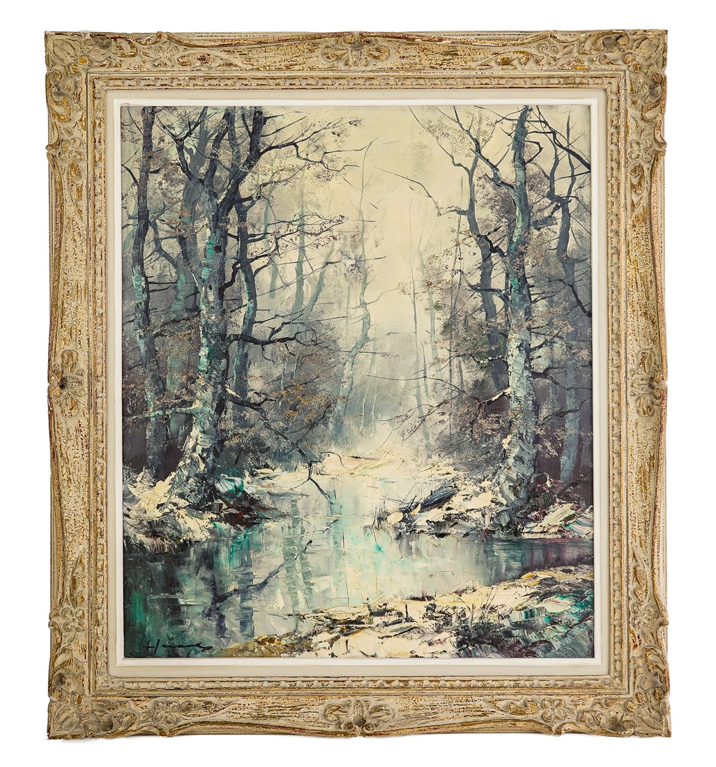 Ingfried Henze (DE 1925-2013) Winter Stream: Ingfried Henze (German 1925-2013) Winter Stream oil on canvas signed lower right identified reverse - 28 x 24" 34 x 30" as framed