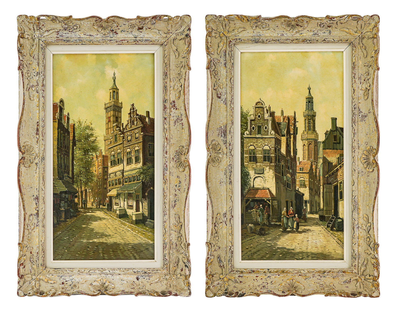 Wilhelm Bouwman (NL 19th/20thc) Two Dutch Street scenes: Wilhelm Bouwman (Dutch 19th/20thc) Two Dutch Street scenes. oil on canvas framed alike 24 x 12" 32 x 20" as framed.
