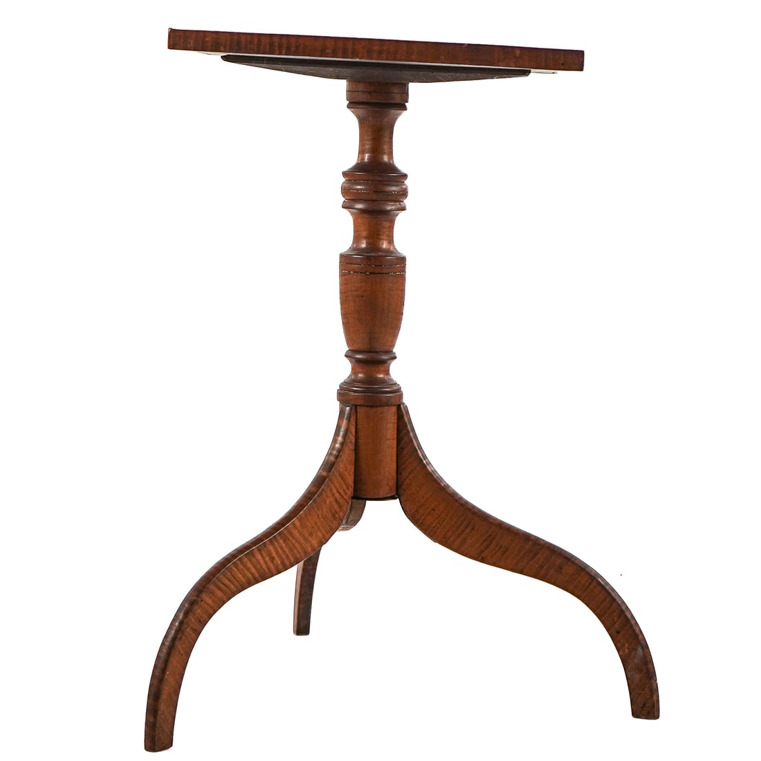 New Hampshire ca. 1800 Tiger Maple Spider Leg Candle Stand: Ca. 1800 NH Hepplewhite spider leg tiger maple candle stand with square tray top in old surface. 29x 16.5 x 16.5"