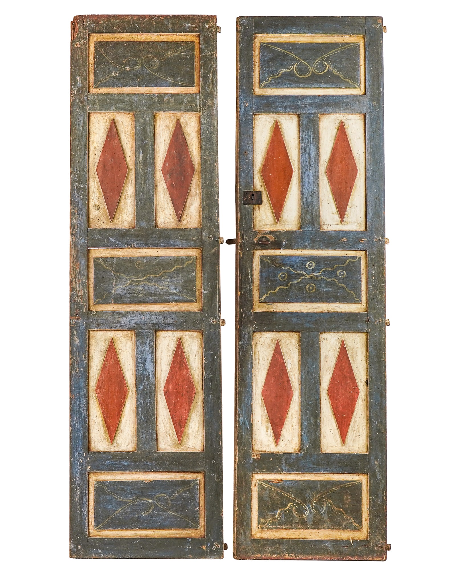 Pair of European Painted Armoire doors: Pair of European painted armoire doors with diamond panels with old iron hardware - 72 x 20"