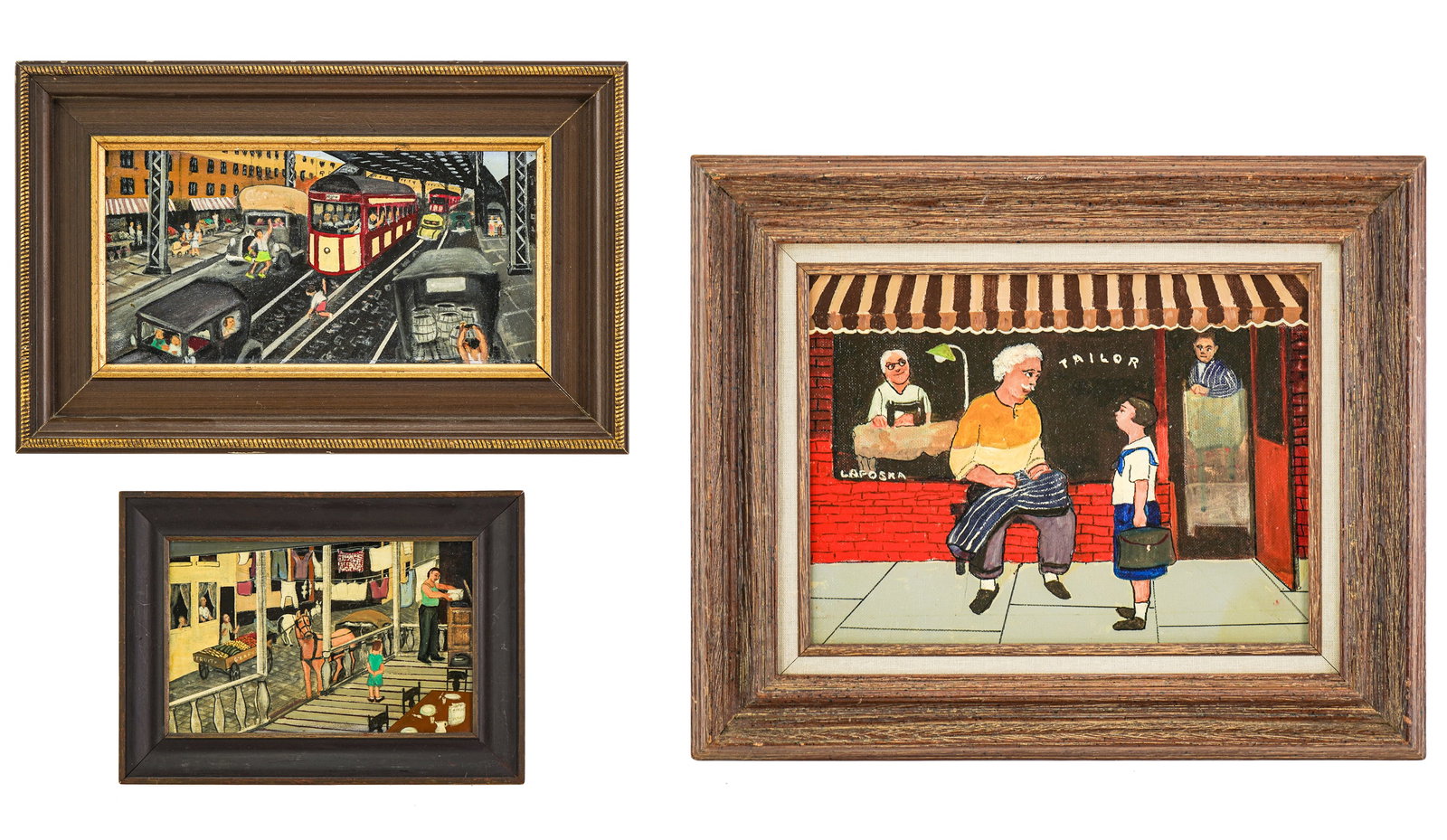Gloria Laposka (AM 1922-2015) Three street scenes: Gloria Laposka (American 1922-2015)Three Street Scenes- The Tailor, Flat Penny, Iceman Cometh- from 14 x 17" to 9 x 14" as framed- All three signed in scene- Laposka was an acclaimed photographer