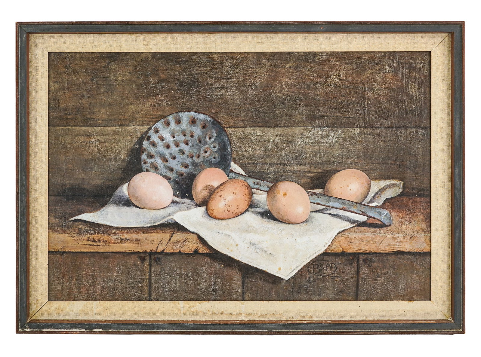 20th c Still Life of Eggs Monogrammed BEN: 20th c oil on board still life of eggs monogrammed BEN 12 x 18"
