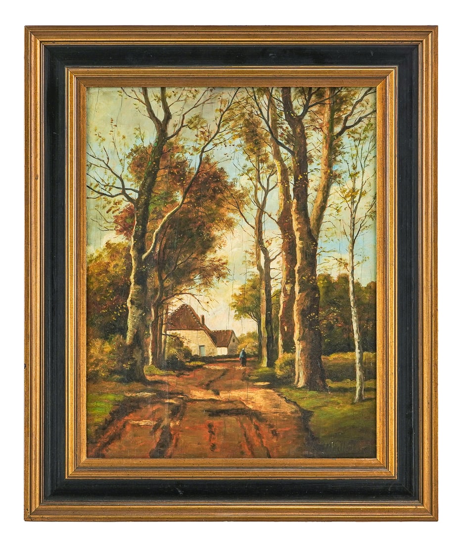 Hendrikus Antonius Willenborg (NL 1856-1943): Hendrikus Antonius WIllenborg (Dutch 1856-1943) Country Lane oil on board signed lower right 20 x 16" 24 x 20" as framed.