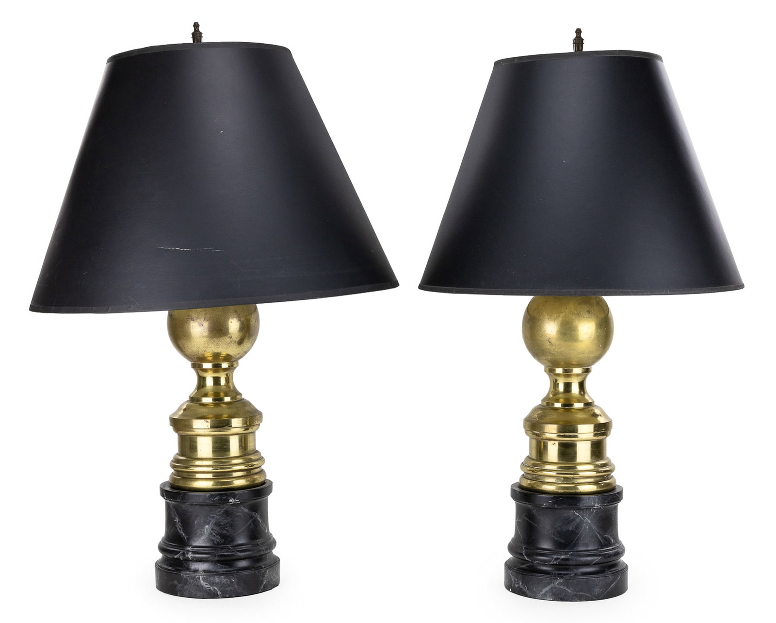 Pair Faux Marble & Brass Table Lamps: Pair of table lamps with a faux painted marble plinth, brass round & ball column and black paper shade. 29"h, overall good condition with good wiring.