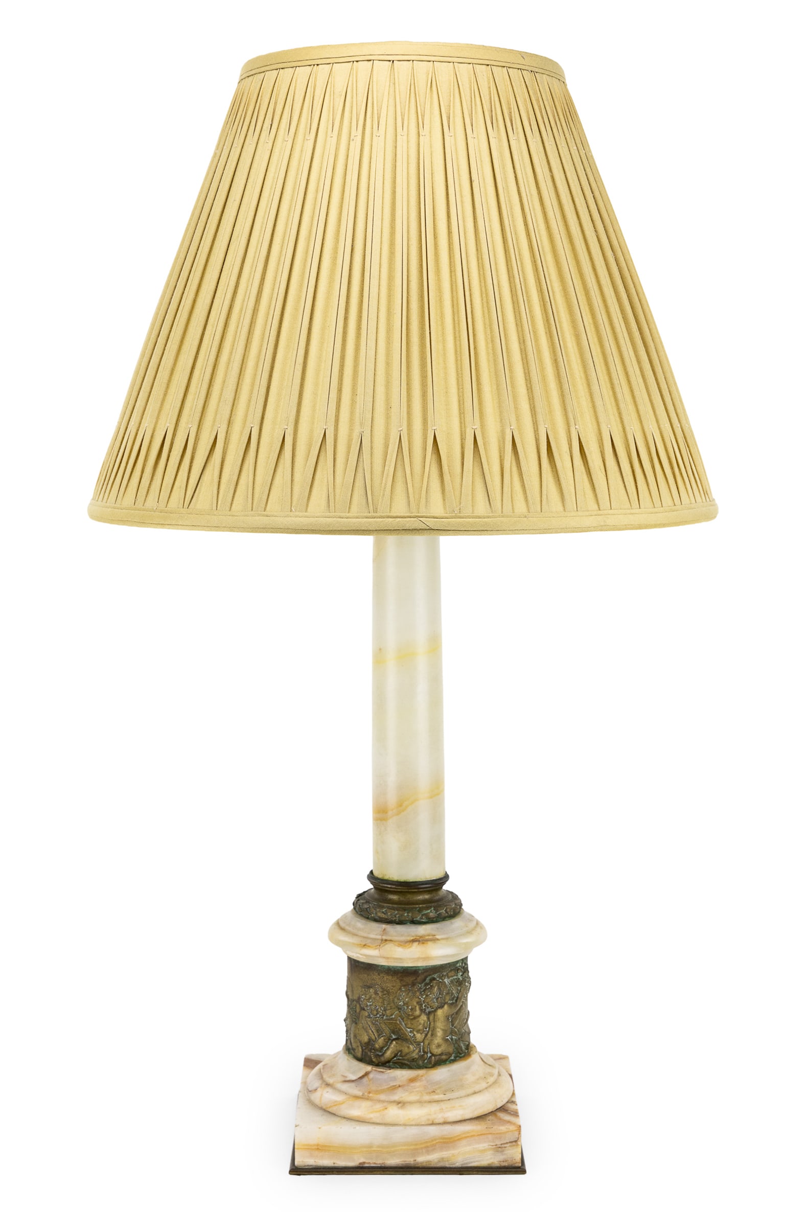 French 19th c Onyx & Bronze Table Lamp: 19th c French or Italian onyx column table lamp with cast bronze surround depicting putti, books, & telescope. Cast bronze column top. 22" h column. 32" h lamp. Pleated cloth shade. Overall good