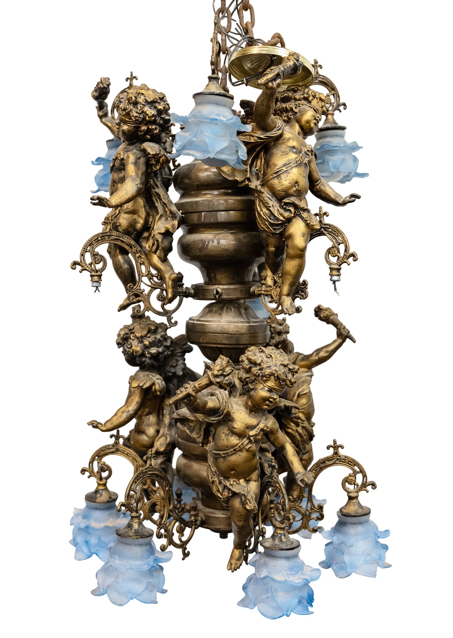Ornate 12 Light Chandelier with Cherubs: Ornate Revival gilt patinated surface metal chandelier with 6 blindfolded cherubs, and 12 hanging lights with blue acanthus leaf shades. Missing two lights. 33" h, 20" wide.