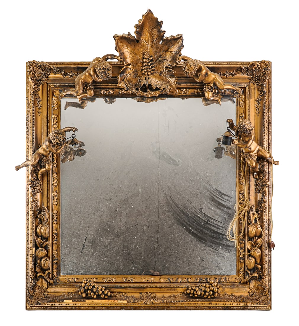 Victorian Gilt Gesso & Putti Lighted Entrance Mirror: Victorian Revival gilt gesso framed mirror with applied grapes, fruit, leaf, and 4 putti - 2 holding lights. 20th c. 43" x 49" to top of leaf. One light needs light bulb screw.