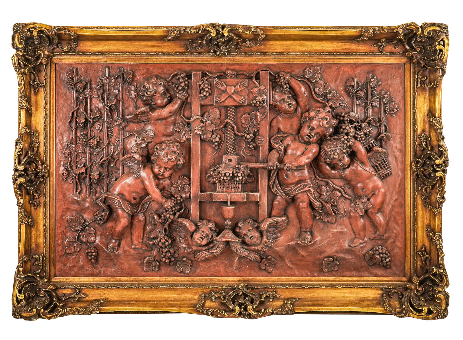 Victorian Gilt Gesso & Plaster Relief Wine Makers: Victorian Revival ornate gilt gesso frame with interior plaster relief of putti, cherubs, grape vines, and a grape press making wine. 58" x 47".