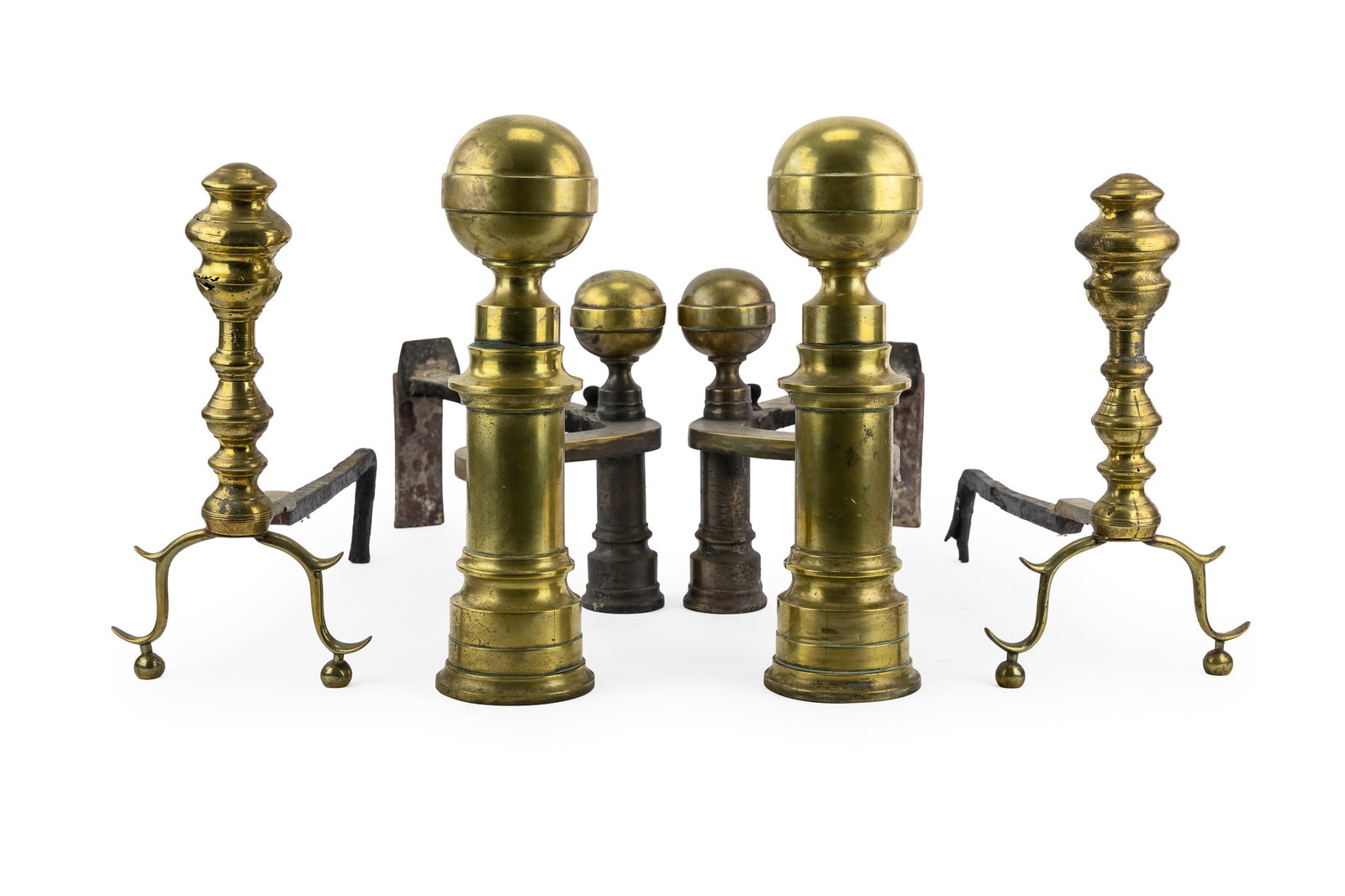 Two Pair of 19th c Andirons: 2 pair of 19th c andirons. A pair of Sheraton seemed construction brass ball foot andirons, 14" h. With a pair of heavy English seemed ball top andirons with log stops. 15" h.