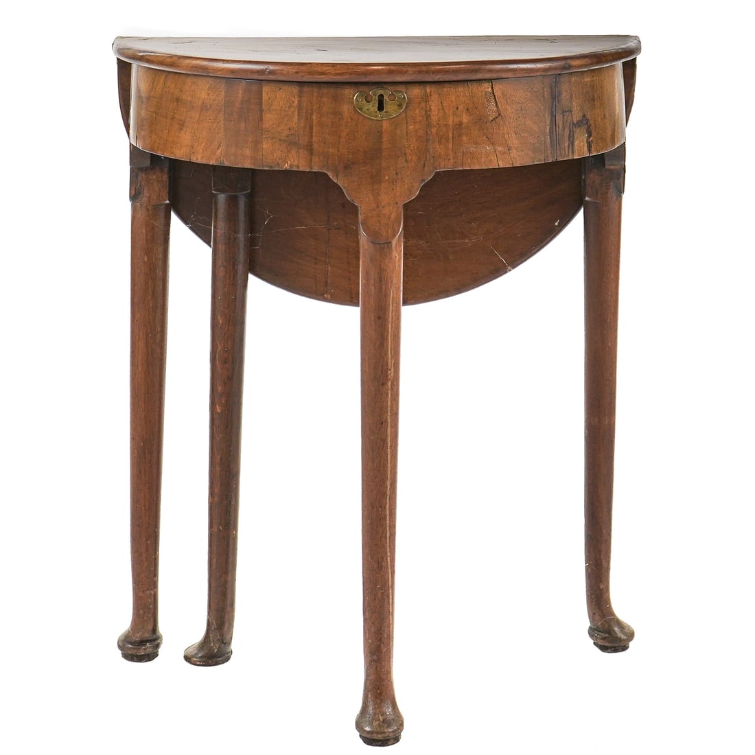 18th c Queen Anne Petite Demilune Side Table: 18th c English Queen Anne petite demi-lune side table. Oval mahogany drop leaf top, 4 cabriole legs, one swing. Lift top front section with key lock compartment (no key). Fruitwood veneered front.