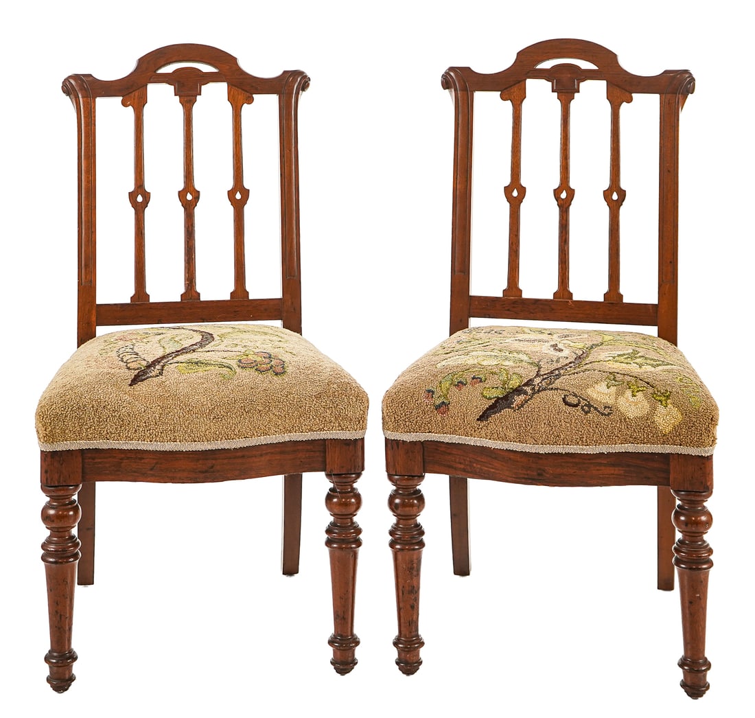 Pair English Walnut Gothic Side Chairs