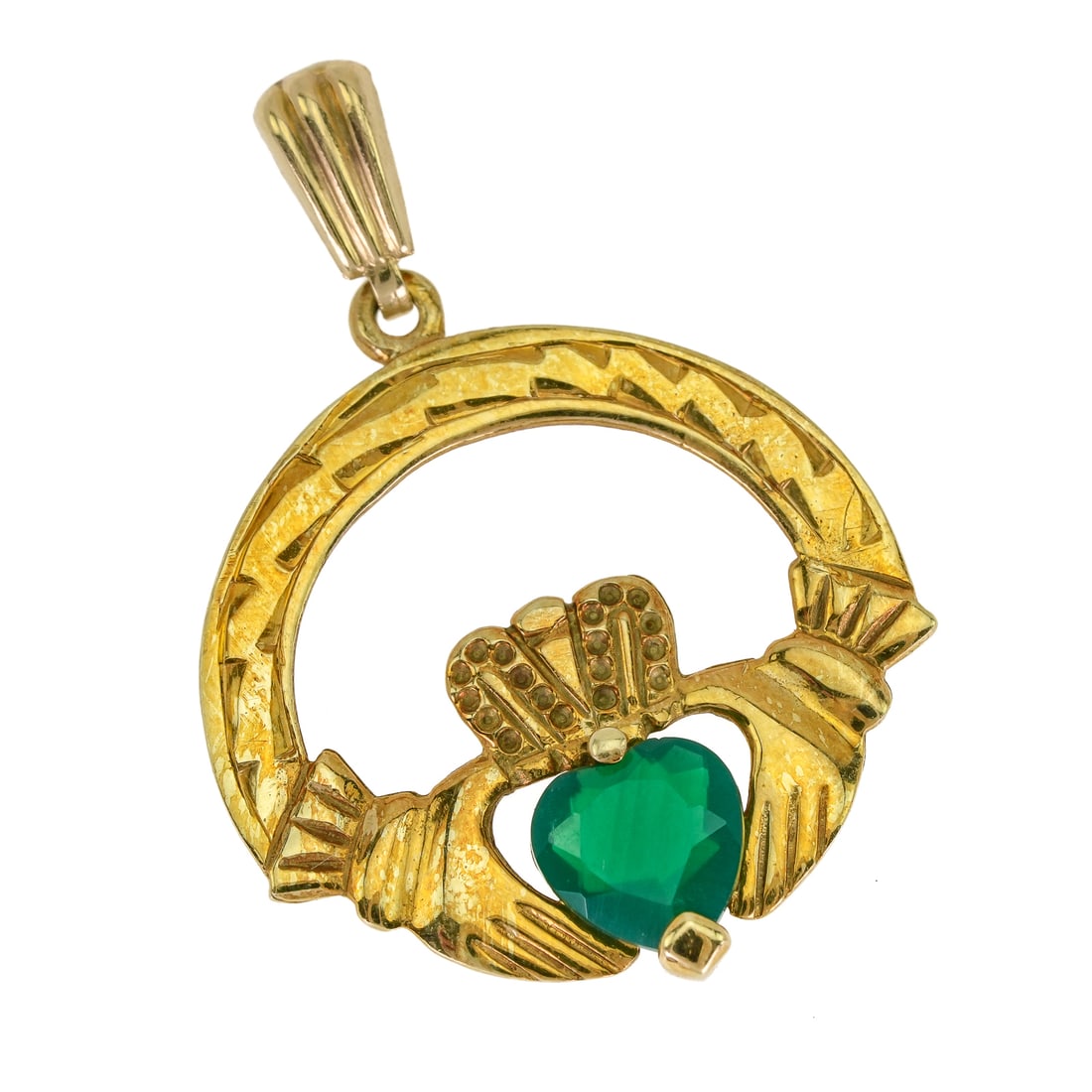 14k Claddagh Pendant: 14k yellow gold heart in hand pendant with center green chalcedony heart. 2.2 grams t.w.