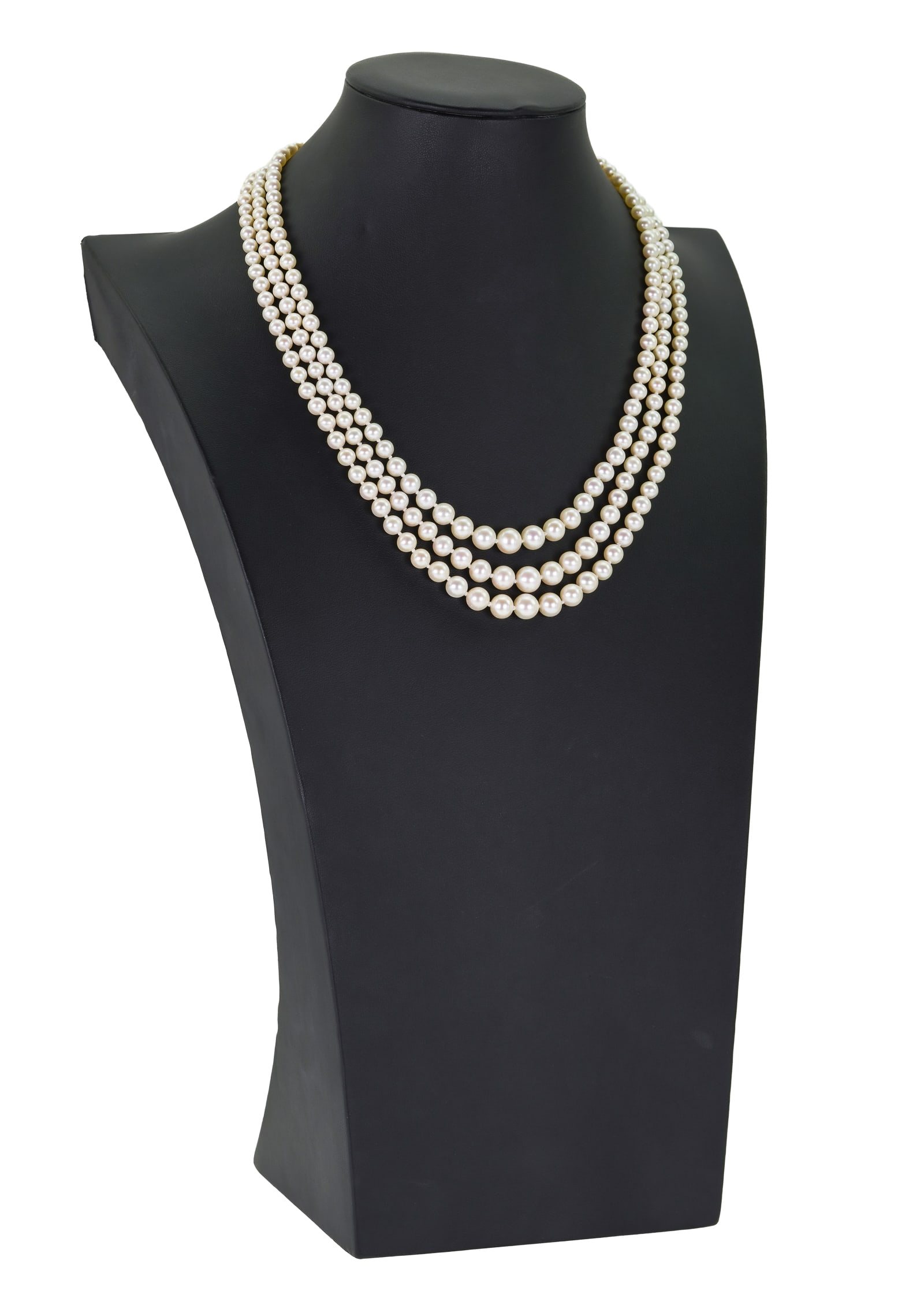 Triple Strand Graduated Pearl Necklace: Triple strand fine luster graduated pearl necklace. 4mm to 8.5mm. 19" long.