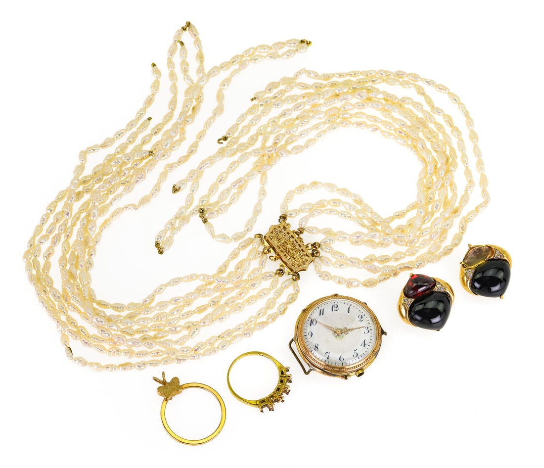 Antique Jewelry: A group of antique jewelry including a pair of 14k yellow gold Art Nouveau clip on earrings each with 2 polished garnets and 6 small diamonds, 7/8" long, one earring missing one garnet. 14k ring missi