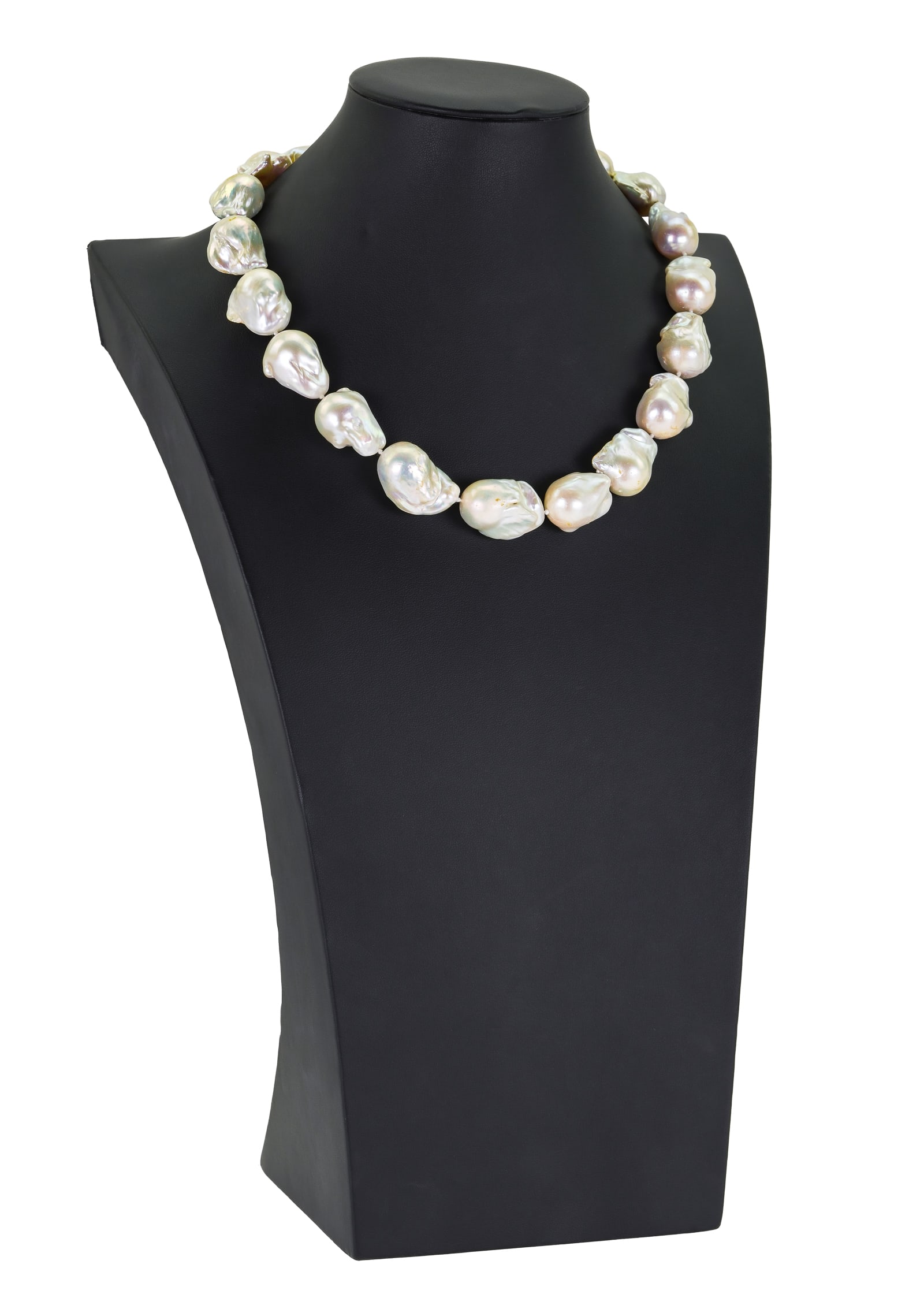 Large Baroque Pearl Necklace: Large baroque pearls, 20 mm with strong luster, and silver clasp. 19" long.