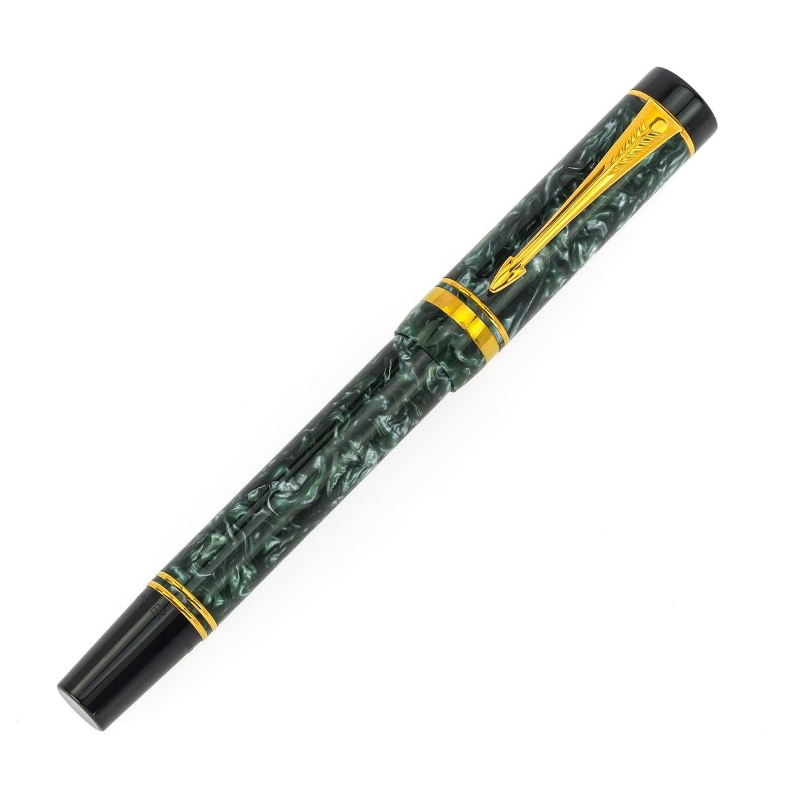 Tiffany Parker Duofold Pen: Tiffany Parker Duofold pen. Green, black, & gold accents. Original tag on pen, in dark blue leather Tiffany box with blue felt bag, and original Tiffany box. Appears to have never been used. 8" x 1 1/