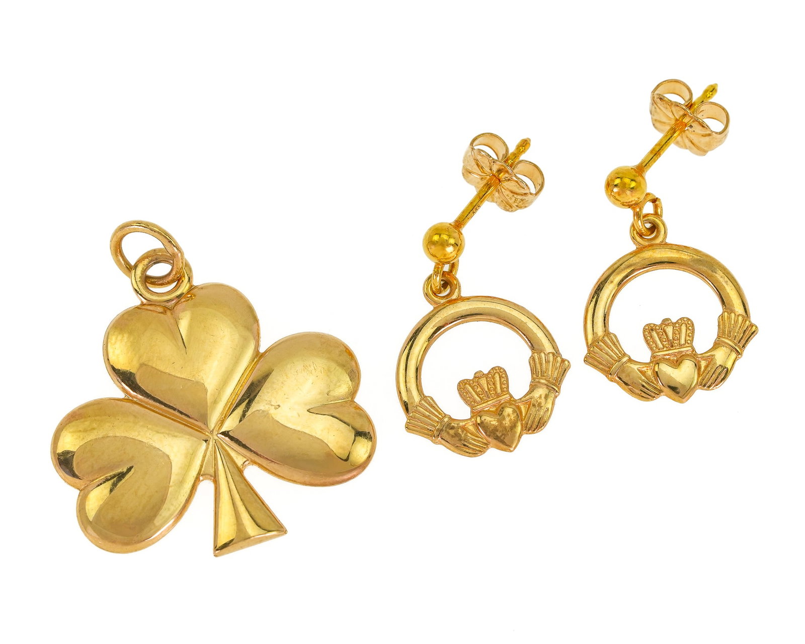 14k Claddagh Earring & Clover Pendant: 14k yellow gold heart in hands earrings 11mm diameter, and a 23mm long clover pendant. 6.55 grams t.w.