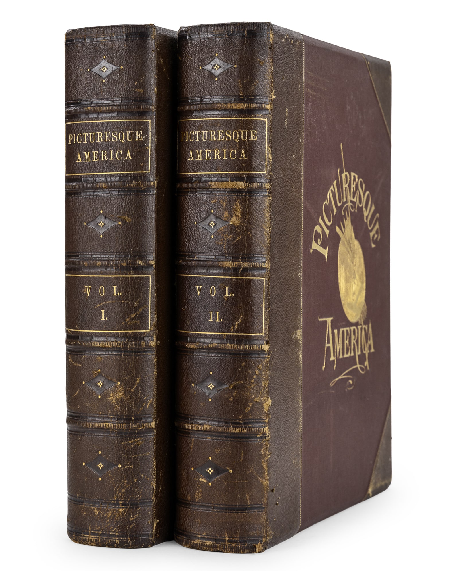 1872 Picturesque America (2 vols): 1872 "Picturesque America, or, The Land We Live In", (2 vols), D. Appleton & Co., NY, 3/4 calf, gilt embossed, each 13" x 10" x 2 1/2", interiors clean, plates bright, pages slightly yellowed, cover b