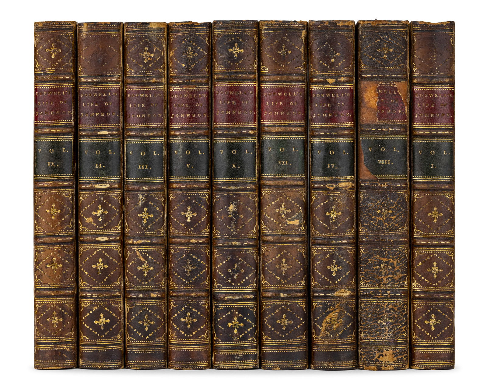 1876 Boswell Life of Samuel Johnson (9 vols): 1876 James Boswell "Life of Samuel Johnson LLD, Together with a the Journal of a Tour to the Hebrides", (9 vols) George Bell & Sons, London, extra-illustrated with plated added, full calf binding,