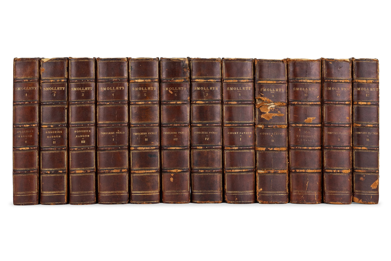 1912 Tobias Smollett Handmade Edition (12 vols): 1912 Tobias Smollett "Works" (12 vols) handmade edition of 150, this set un-numbered, complete set, 3/4 calf, 8 3/4" x 5 3/4", spines, edges show some wear