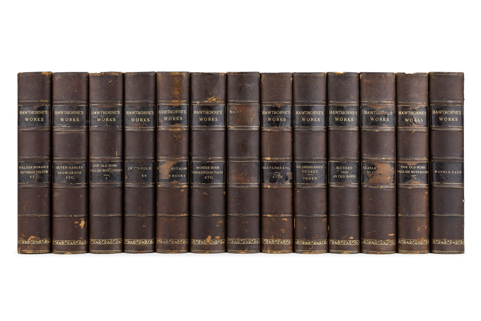 1892 Nathaniel Hawthorne (13 vols): 1892 Nathaniel Hawthorne "Works" (13 vols), Houghton, Mifflin & Co., Riverside Press, Cambridge, 3/4 calf, 7 3/4" x 5 1/4"