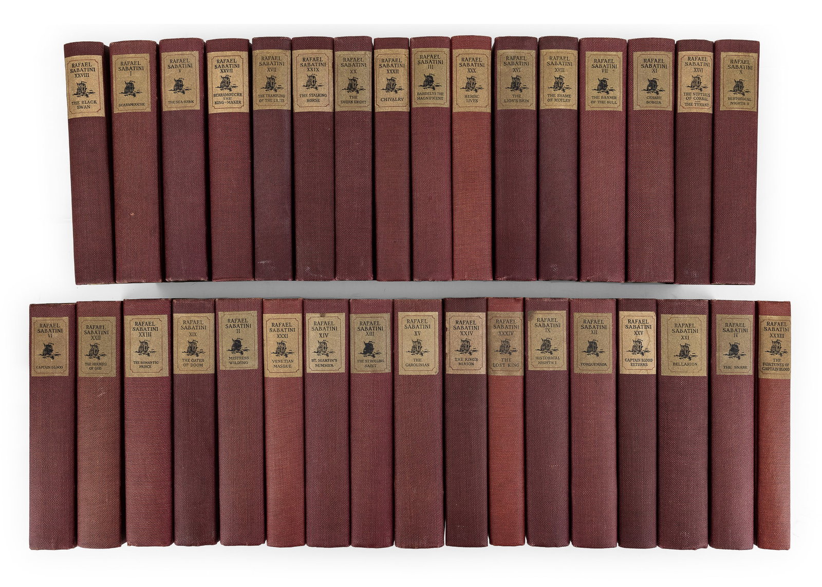 1921 Rafael Sabatini Autograph Edition (33 vols): 1921 Rafael Sabatini "Writings" Autograph Edition (#692/ 750, 1st volume signed by the author), Charles E Brock illustrations, titled tissue guards, octavo, 9" x 6"