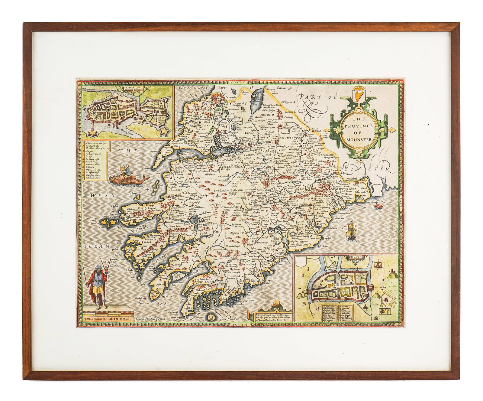 1610 John Speede Map of Mounster: 1610 John Speede (1552-1629) hand colored map of the Province of Mounster, including Corke, published by John Sudbury & George Humble, matted & framed, sight 15 1/4" x 20"