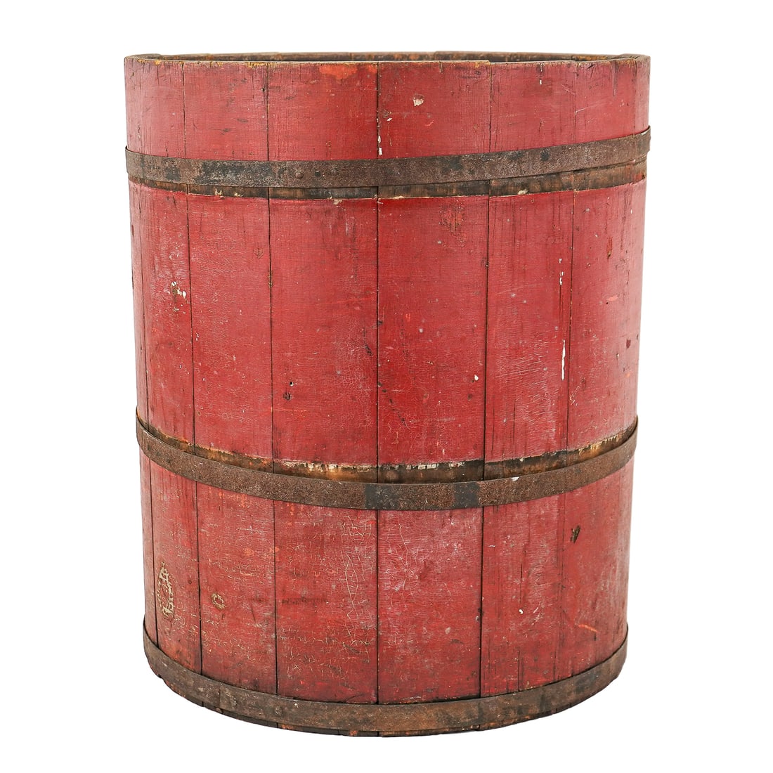 Large Wooden Barrel in Old Red Paint: Large 19th c wooden bucket/ barrel in old red paint, diameter 19", ht 22"