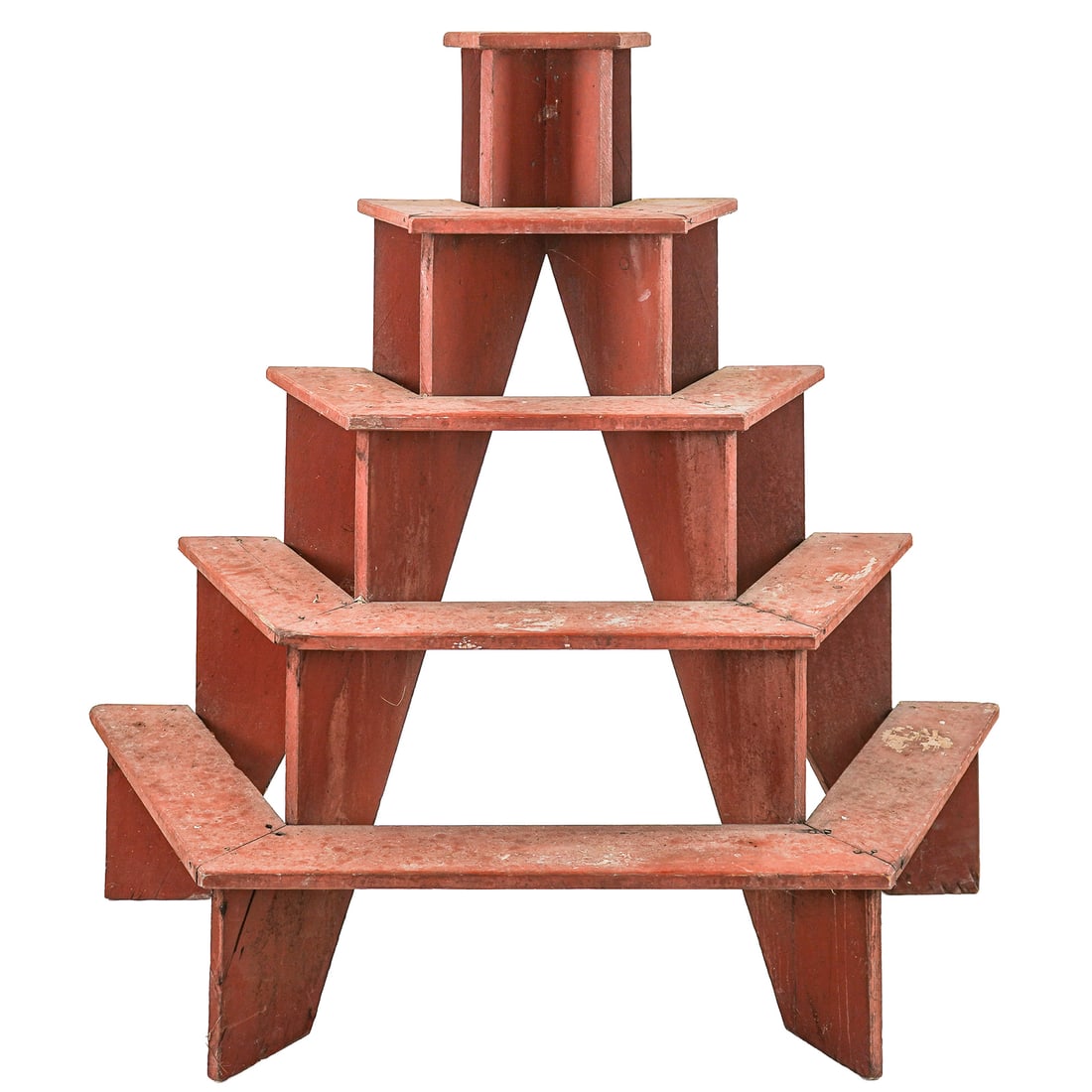 Tall Plant Stand in Red Paint: Tall country plant stand in red paint, round nailed construction, ht 56", width 54"